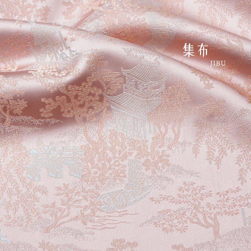 粉色清明上河图国风山水图仿宋锦缎面料外套旗袍半裙唐装马甲布料