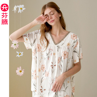 套装 女士睡衣短袖 长裤 甜美花 休闲大码 夏凉季 芬腾官方正品 清仓