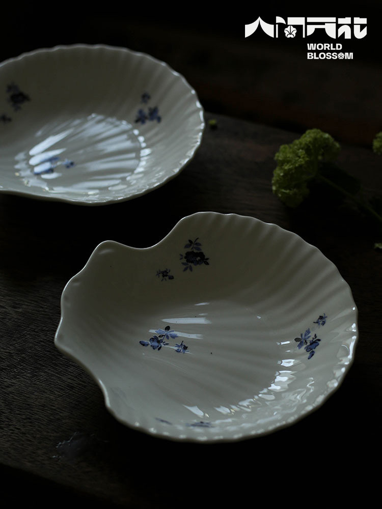 原创贝壳碟波棱光泽感藏青小碎花法式甜品碟咖啡厅家用