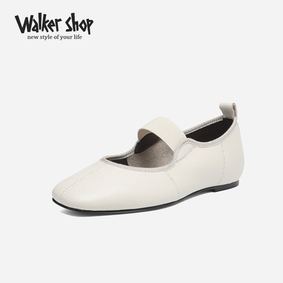 Walker Shop玛丽珍鞋女真皮方头浅口一字带平跟鞋配裙子通勤单鞋