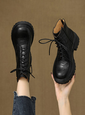 Walker Shop马丁靴女英伦风加绒厚底小个子系带潮流黑色内增高靴