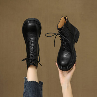 Walker Shop马丁靴女英伦风加绒厚底小个子系带潮流黑色内增高靴
