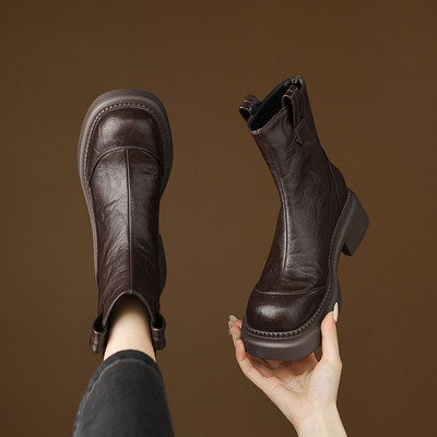 短靴鞋子女2025新款爆款粗跟方圆头厚底百搭保暖冬季马丁靴子女款