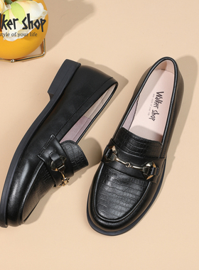 Walker Shop单鞋女夏2025新款平底真皮奶奶鞋低跟豆豆鞋深口皮鞋