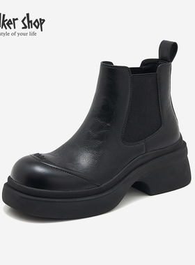 Walker Shop真皮厚底烟筒靴女2025新款靴子女切尔西时尚工装短靴