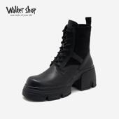 Walker Shop马丁靴女2025秋冬季 厚底高跟复古系带显瘦松糕机车靴