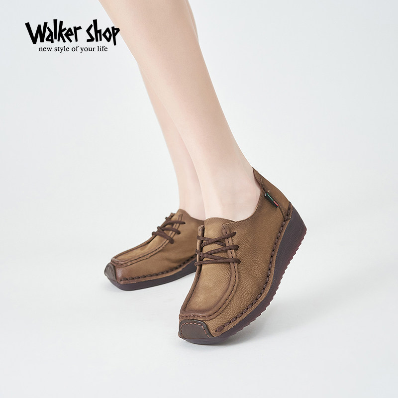 奥卡索休闲鞋女2024年真皮系带坡跟鞋子厚底增高百搭女鞋妈妈鞋