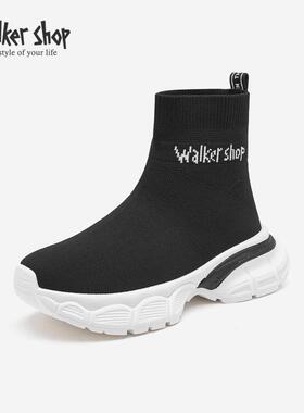 Walker Shop弹力针织女老爹瘦瘦靴粗跟厚底秋冬高帮休闲运动短靴