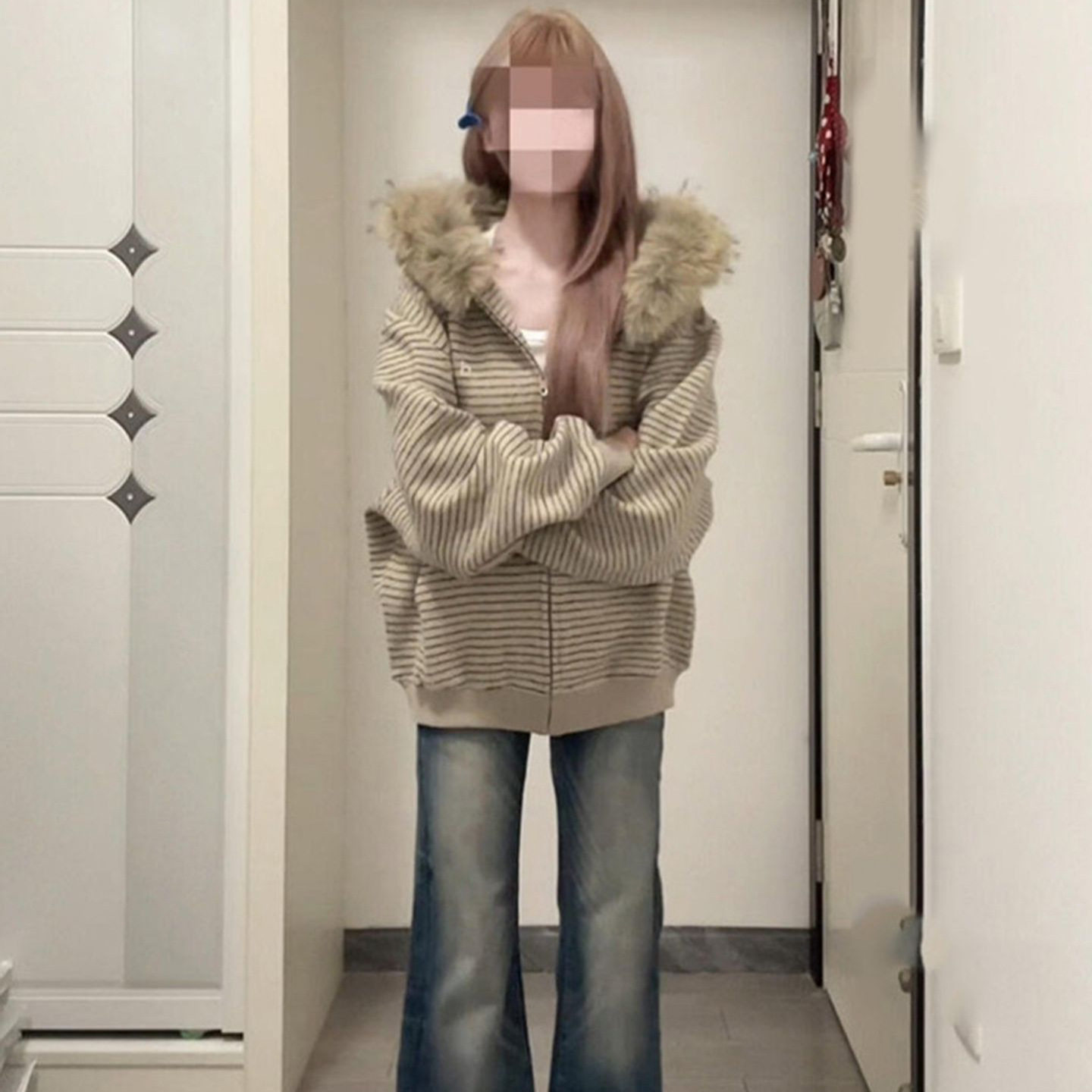 oversize条纹连帽卫衣外套女秋冬季宽松毛领针织外穿上衣拉链开衫