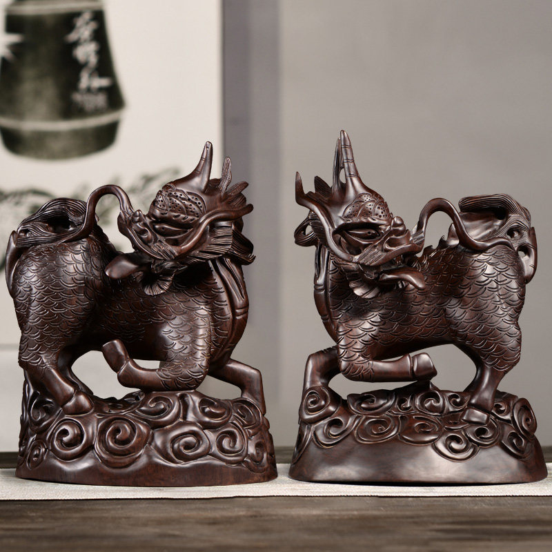 黑檀木雕刻麒麟摆件一对家居客厅店铺玄关神兽装饰红木工艺品