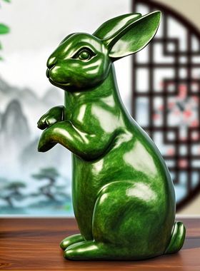 绿色木雕刻兔子风水摆件客厅12生肖兔实木质兔工艺品家居红木装饰