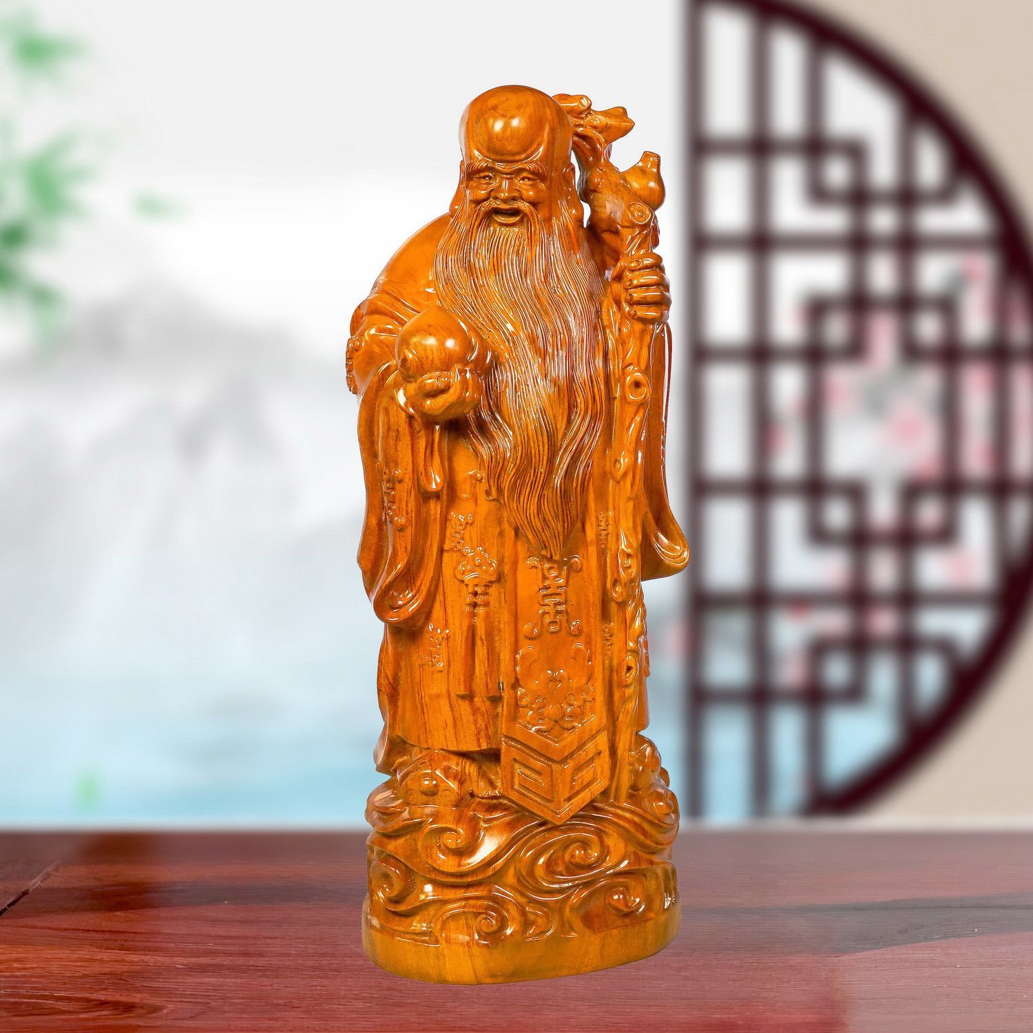 花梨木福禄寿三星摆件财神