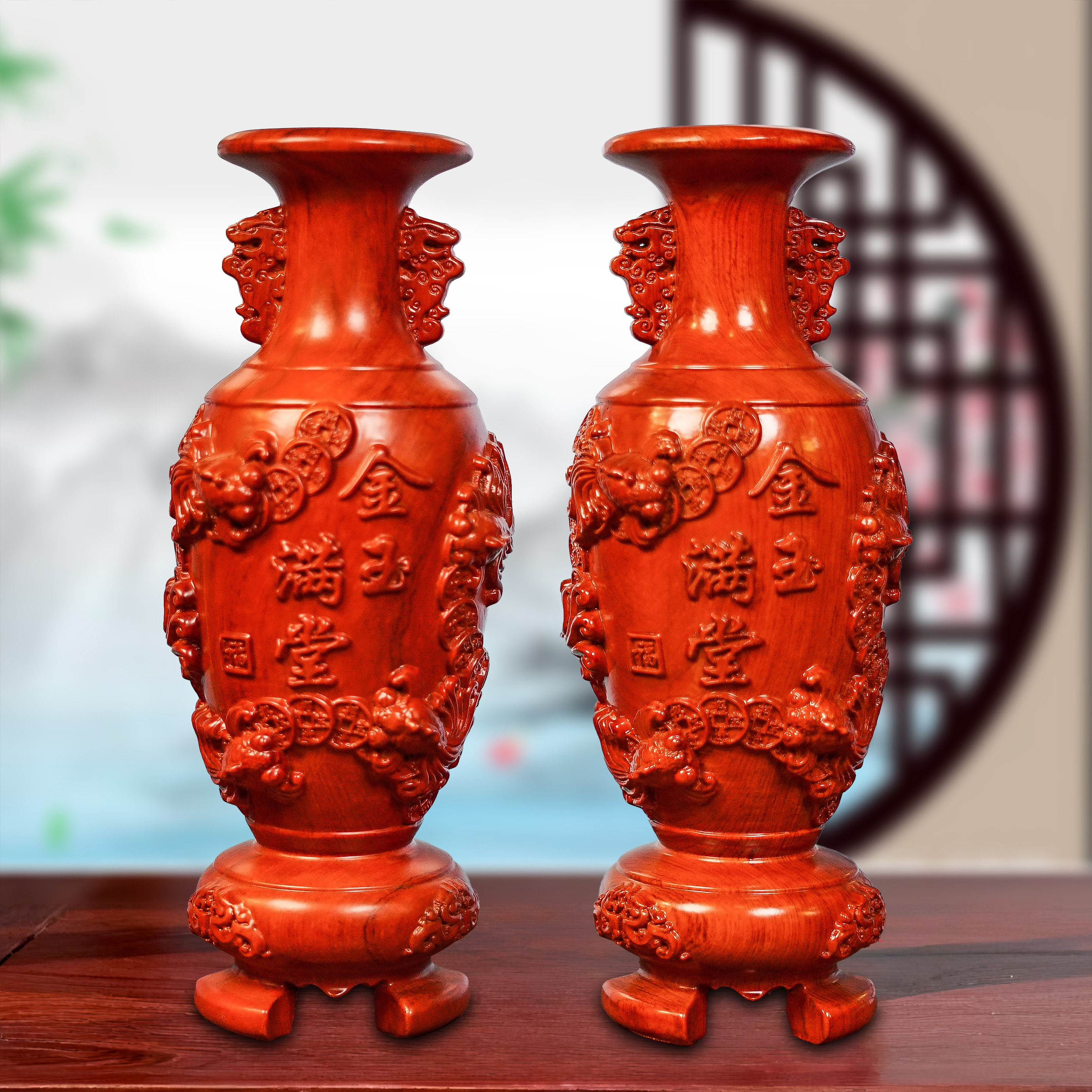 花梨木雕刻金玉满堂太平有象花瓶家居摆件落地装饰新居乔迁送礼品