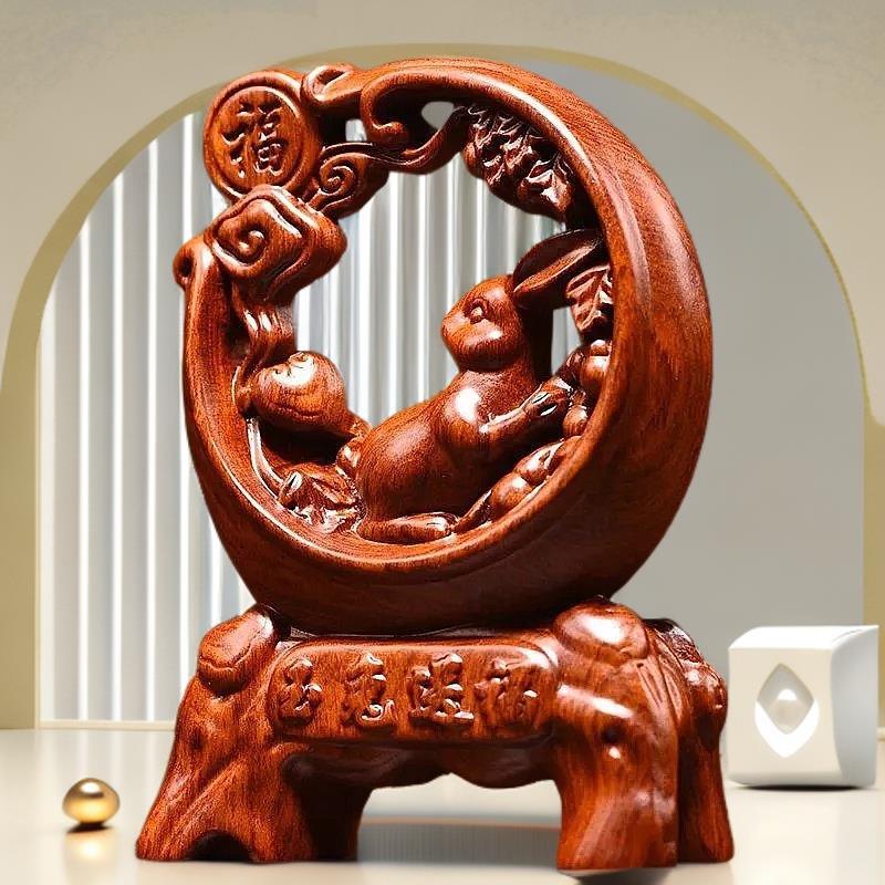 花梨木雕福兔子摆件实十二生肖