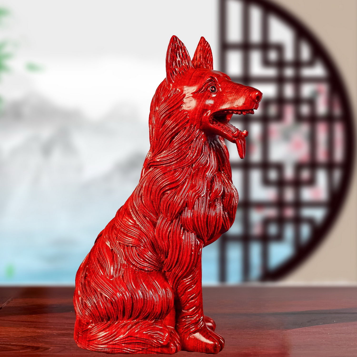 红花梨木雕狗摆件大号根狼狗
