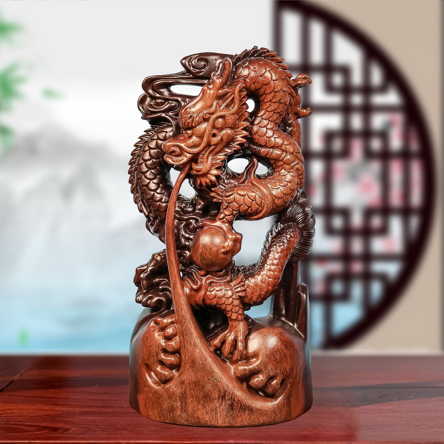 黑檀木龙摆件祥戏珠12生肖