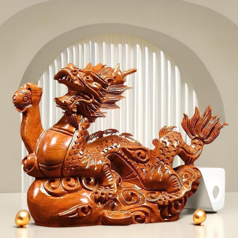 花梨木雕刻金龙摆件绿色神