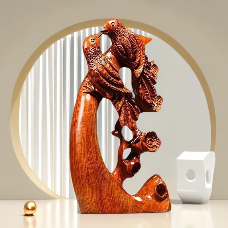 木雕摆件喜上眉梢实木头雕刻花鸟家居客厅办公司玄关公店铺装饰品