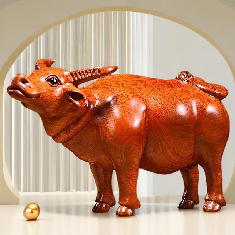 花梨木雕牛摆件开业送礼实木