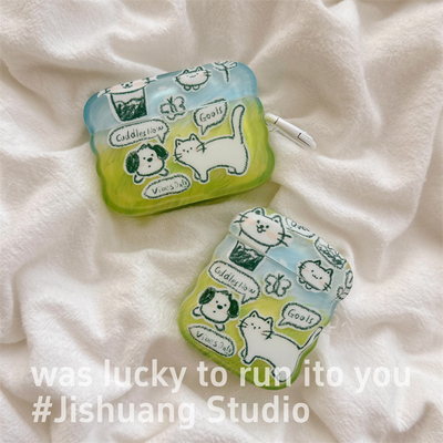 日韩风涂鸦草地猫咪小狗适用airpods4保护套airpodspro3代苹果耳机套二代无线蓝牙保护壳airpod3女款全包软壳