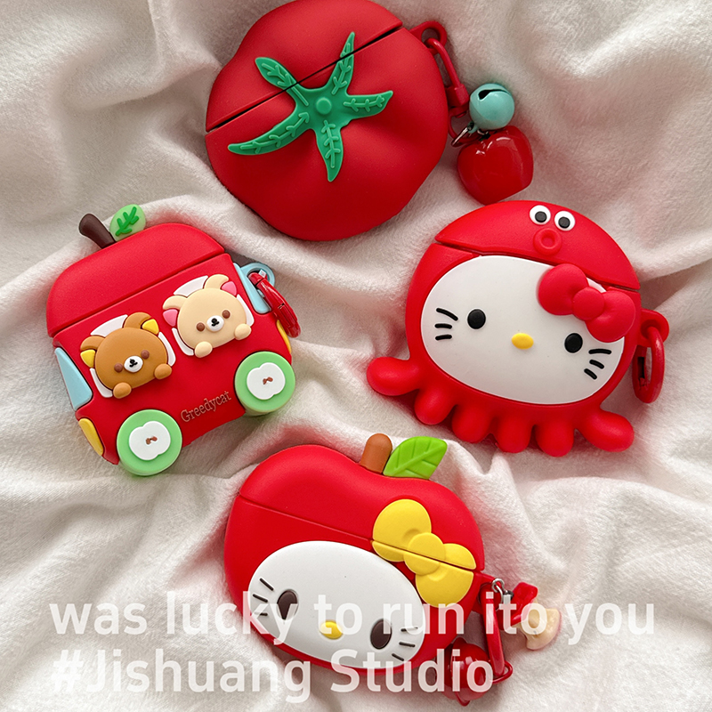 可爱番茄章鱼kitty适用苹果耳机保护套airpods4无线蓝牙耳机壳三四airpodpro2二代ipod耳机盒airpods3保护壳