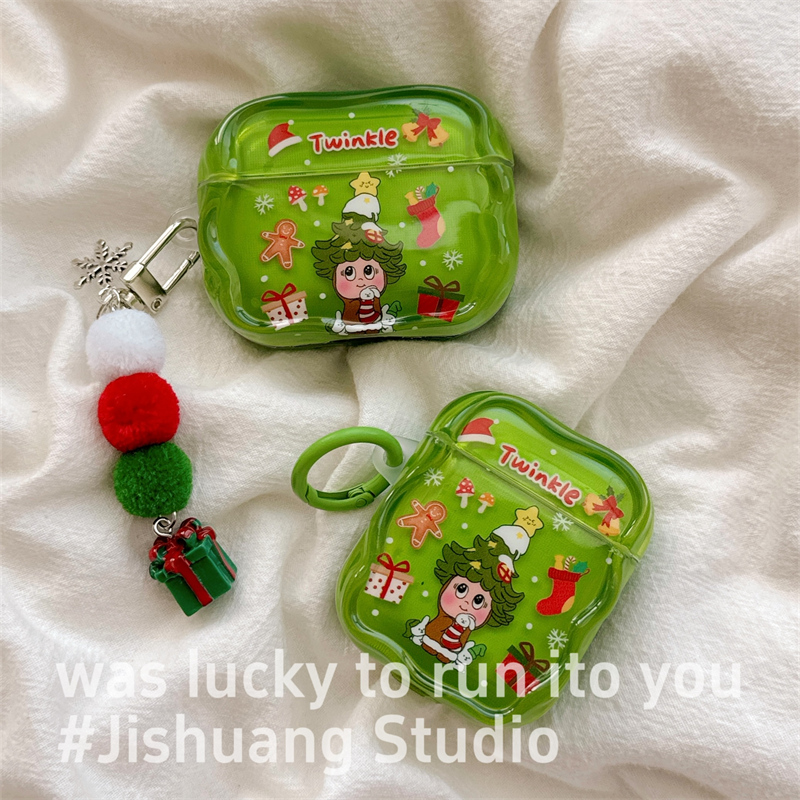 趣味卡通绿色圣诞树星星人适用airpods4保护套airpodspro3苹果耳机套二代无线蓝牙保护壳airpod3女款全包软壳