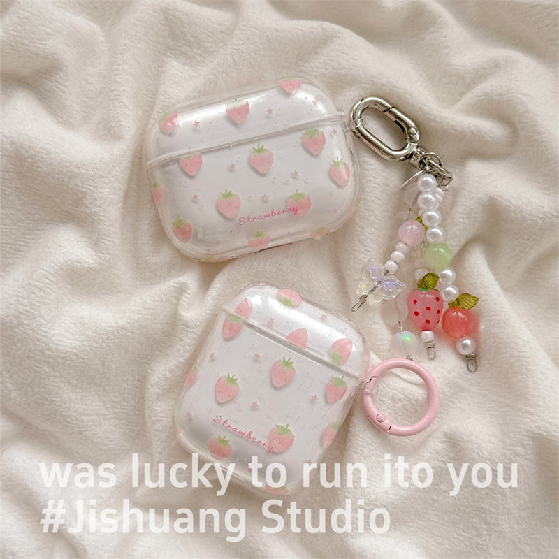 ins透明粉色草莓带挂饰适用airpods4保护套airpodspro3代苹果耳机套二代无线蓝牙保护壳airpod3女款全包软壳