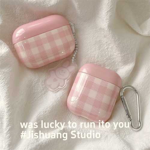 少女粉格纹小兔挂件适用苹果耳机保护套airpods4无线蓝牙耳机壳四代airpodpro2二代ipod耳机套airpods3保护壳
