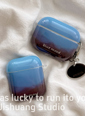 简约蓝色渐变英文适用苹果耳机保护套airpods4无线蓝牙耳机壳三四代airpodpro2二代ipod耳机盒airpods3保护壳