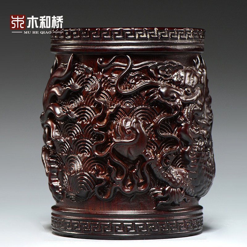 黑檀木雕双龙戏珠笔筒摆件红木办公室桌面装饰工艺品送长辈送领导
