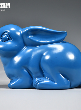 蓝色木雕兔子摆件十二生肖装饰品