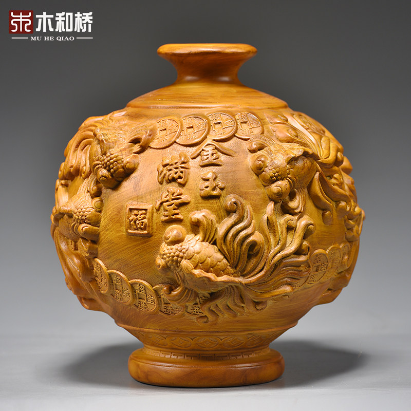 香樟木花瓶摆件实木雕刻客厅装饰
