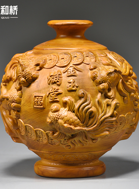 香樟木花瓶摆件实木雕刻客厅装饰