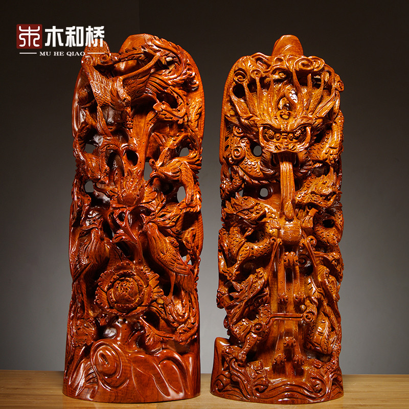 实木雕刻龙凤呈祥摆件结婚礼品