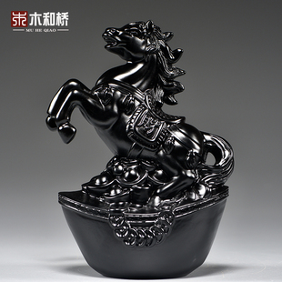 黑色马摆件实木雕刻十二生肖黑马客厅电视柜办公室补角装饰工艺品