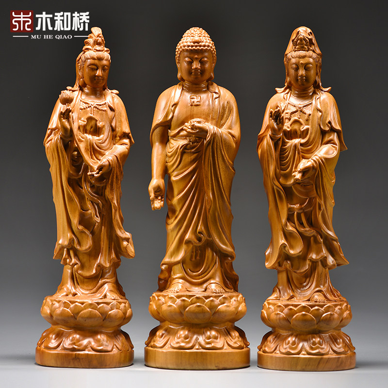 香樟木雕西方三圣佛像摆件装饰品