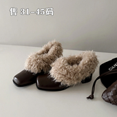 单鞋 大码 女313233 加绒保暖小皮鞋 44粗跟小码 女鞋 41到43方头毛毛鞋