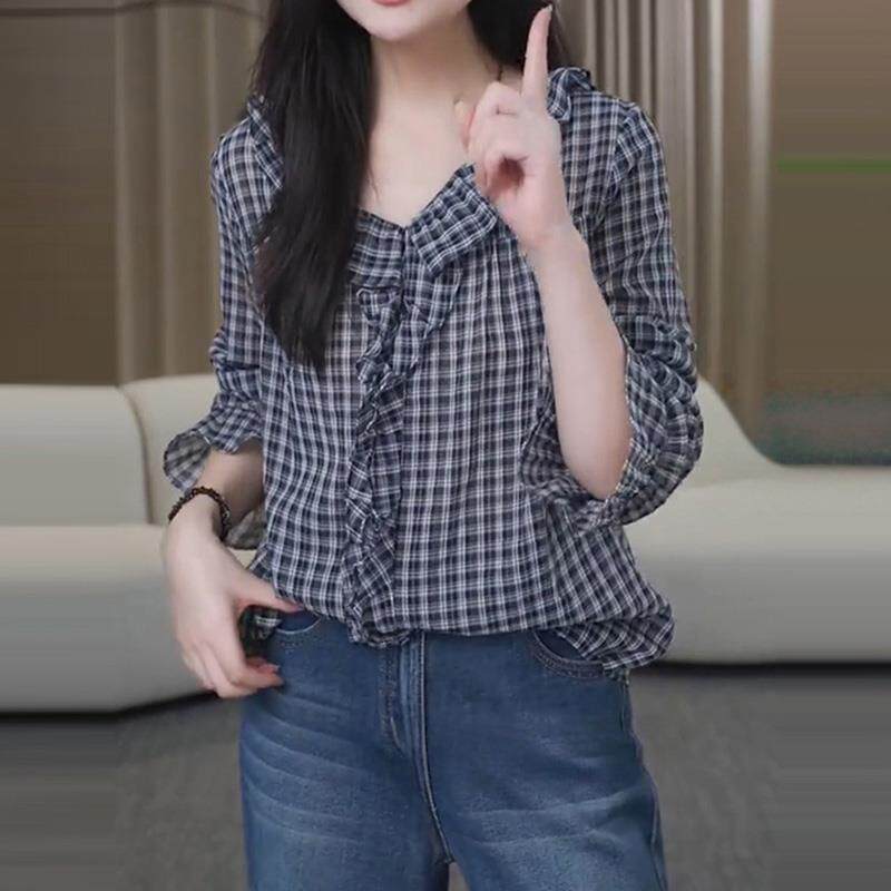 JOYIASS复古格子荷叶边V领长袖衬衫女2025秋季时尚减龄别致宽松显
