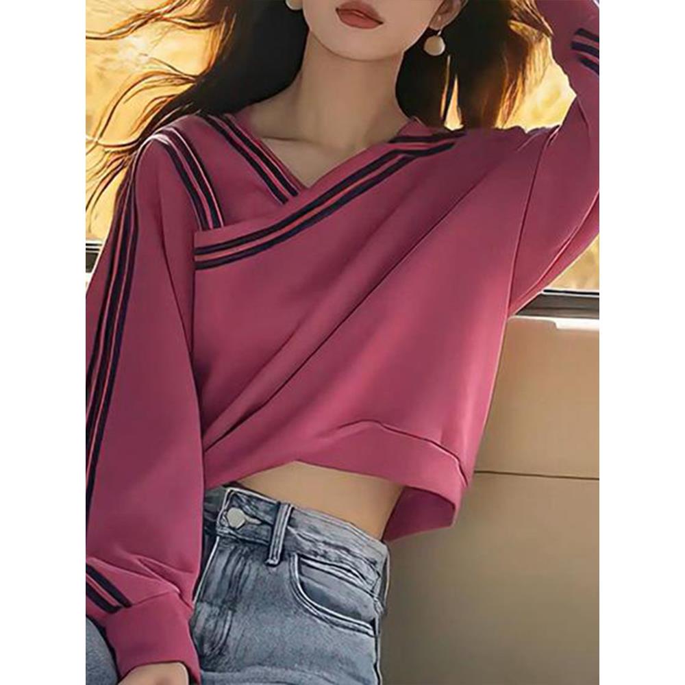 JOYIASS2025秋季短款长袖条纹气质百搭休闲卫衣女宽松显瘦设计感V