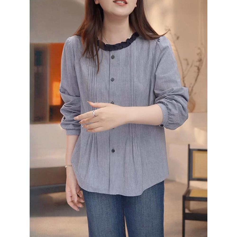 JOYIASS小众韩版竖条纹花边圆领衬衫早秋新款设计感拼接超好看小