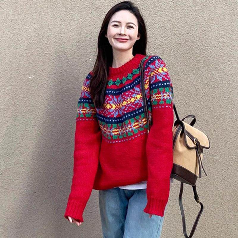 BLLOUKE法式复古红色毛衣女秋冬慵懒风保暖撞色提花针织衫高级感