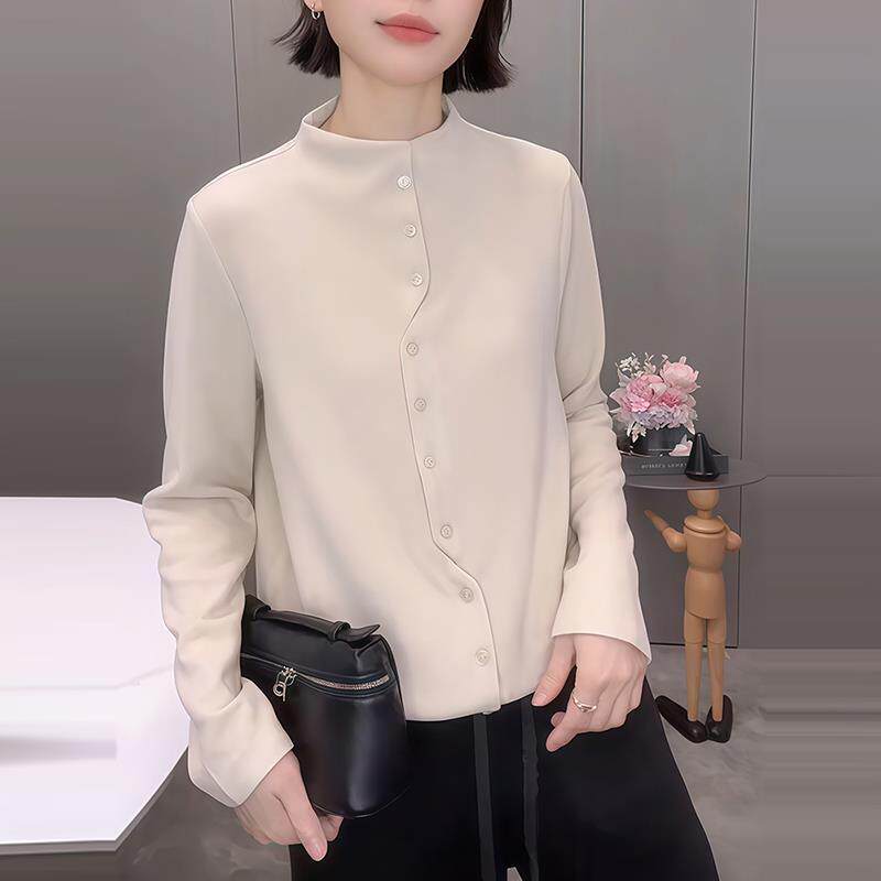 JOYIASS高端欧货秋冬女款高级感打底长袖叠穿上衣不规则开衫立领