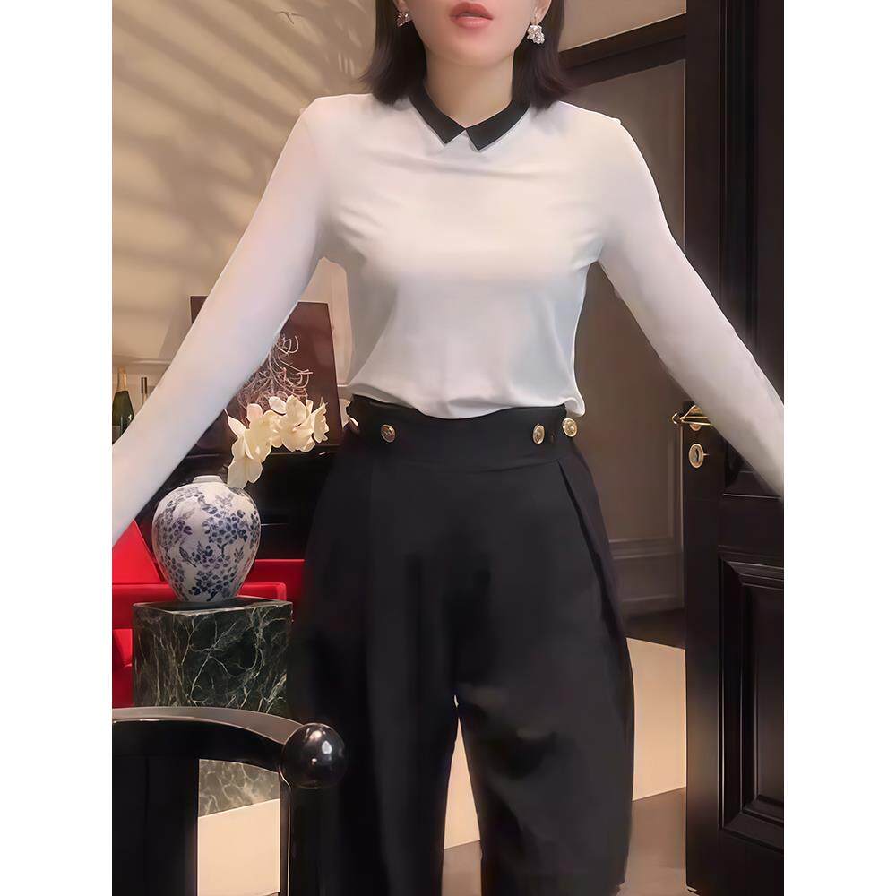 JOYIASS高级感气质翻领撞色针织T恤女2025秋季新款百搭显瘦别致针