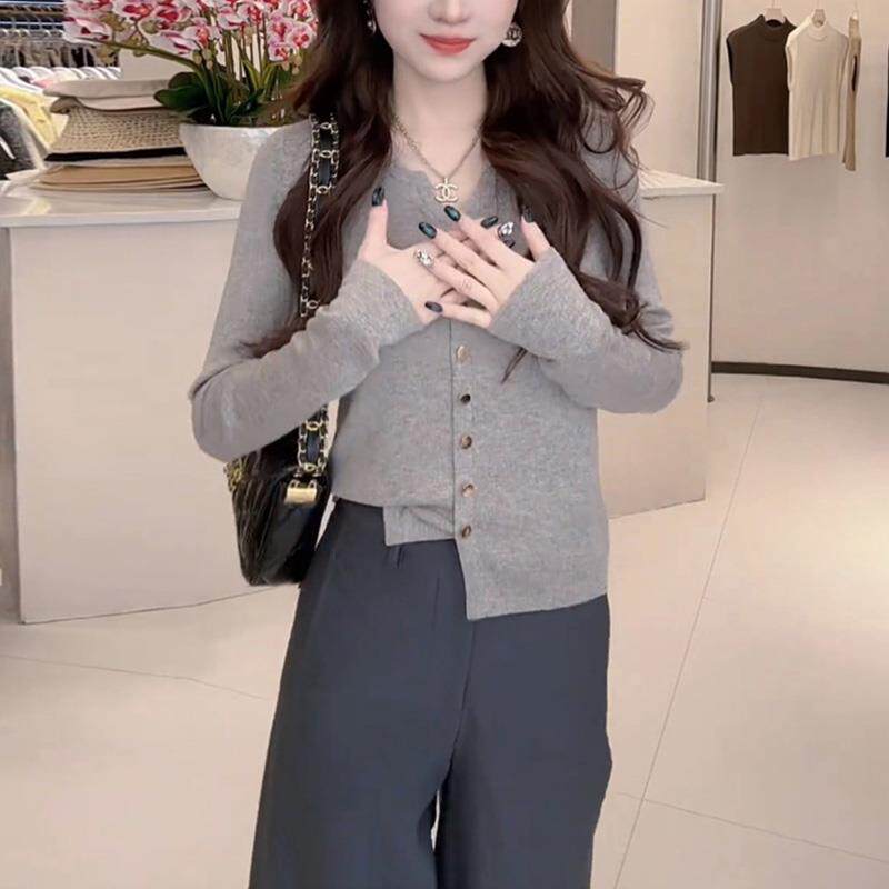 JOYIASS韩系甜美长袖针织衫女士洋气流行V领上衣秋季新款气质修身