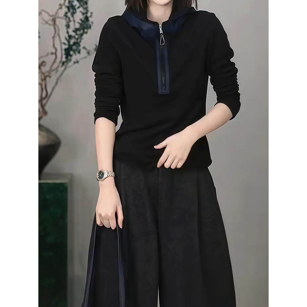 JOYIASS拼接连帽卫衣女秋2025季新款半拉炼休闲打底衫酷飒风黑色