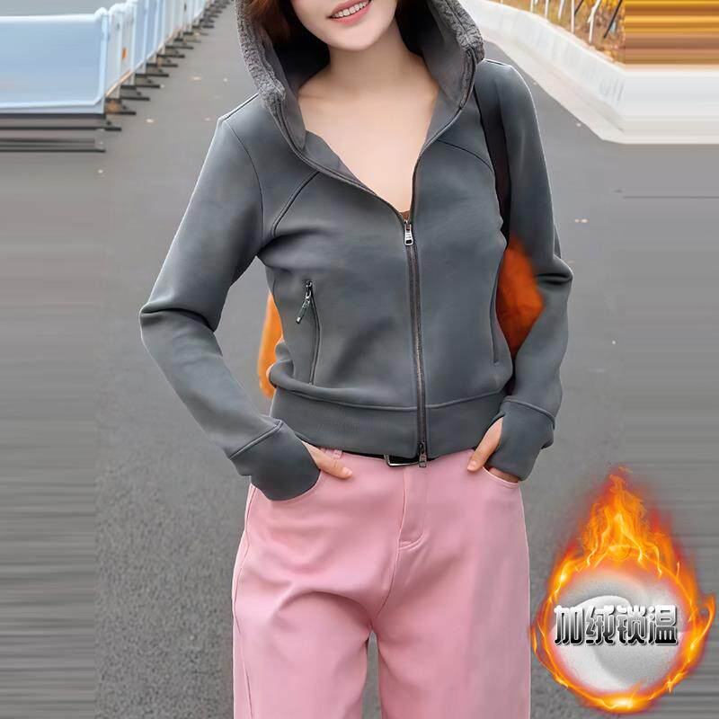 JOYIASS休闲慵懒拼接羊羔毛连帽拉链卫衣秋冬季女装宽松显瘦百搭