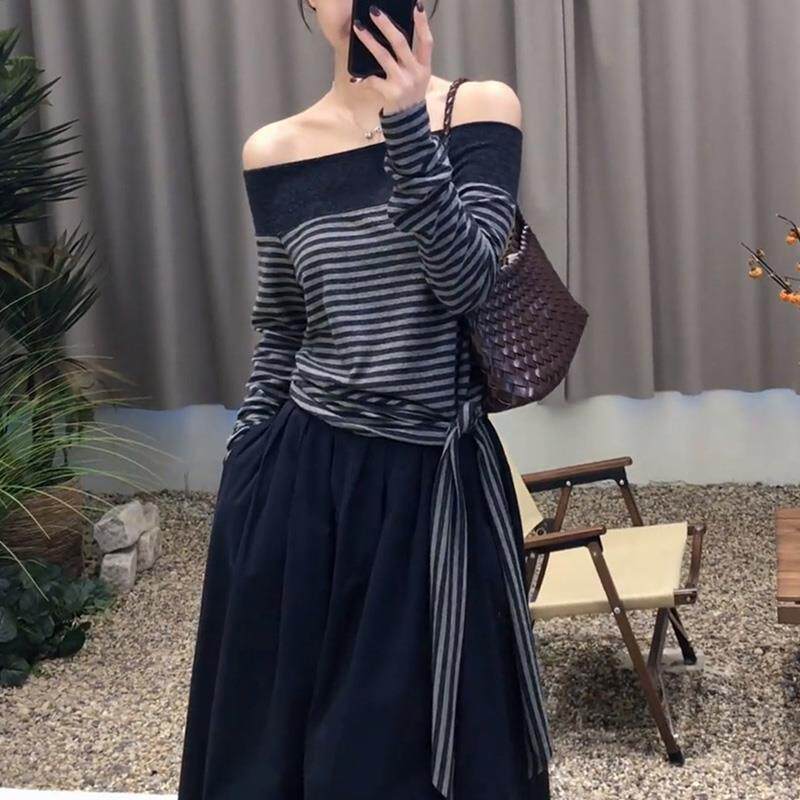 JOYIASS法式灰色条纹一字肩长袖针织衫女早秋季不规则绑带设计感