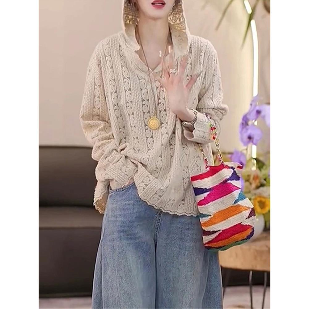 JOYIASS时尚设计感蕾丝花边连帽打底T恤女2025秋镂空气质休闲长袖