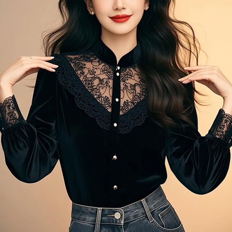 BLLOUKE高级感镂空蕾丝拼接长袖衬衫女秋冬小众别致黑色优雅漂亮