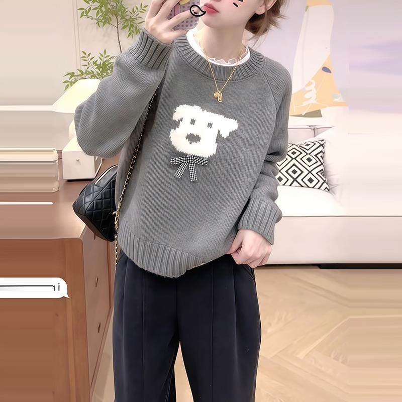 JOYIASS慵懒风提花套头卡通蝴蝶结小狗毛衣女秋冬韩系宽松加厚外